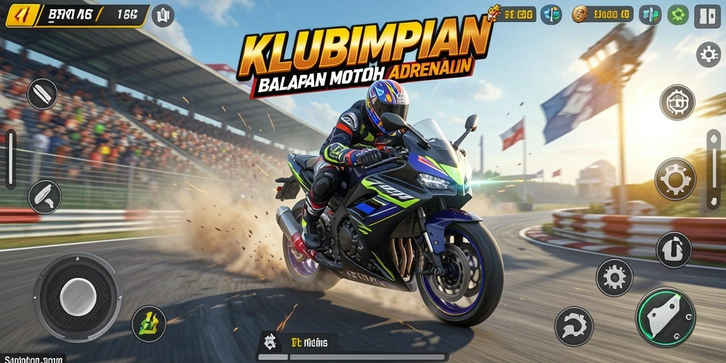 Screenshot utama KLUBIMPIAN menampilkan aksi balapan motor yang mendebarkan.