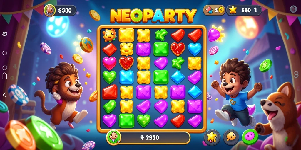 Tampilan gameplay NEOPARTY yang menantang dan penuh warna.